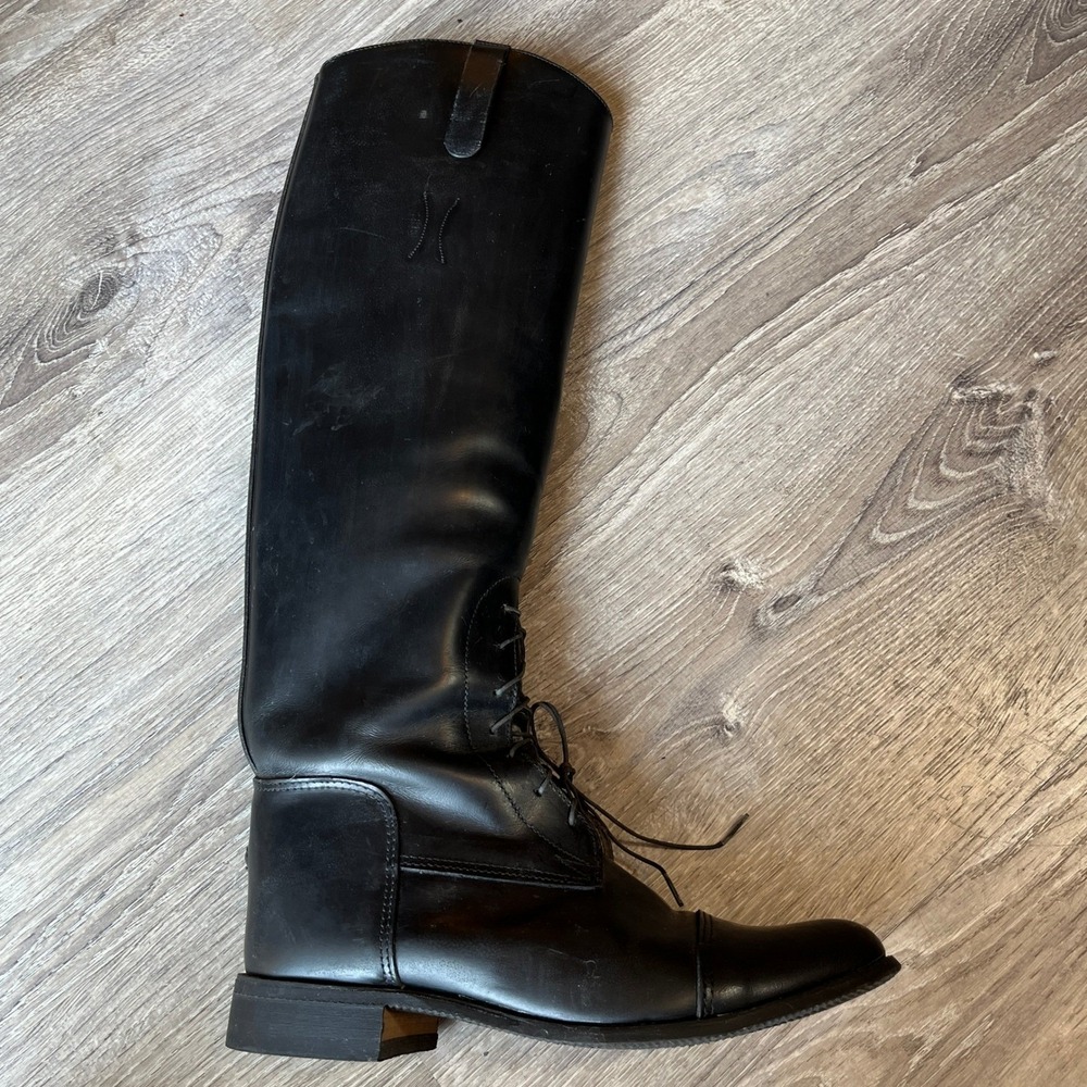 Vintage Black Leather Tall Equestrian Field Boot Lace Up Cap Toe Made in USA 8.5